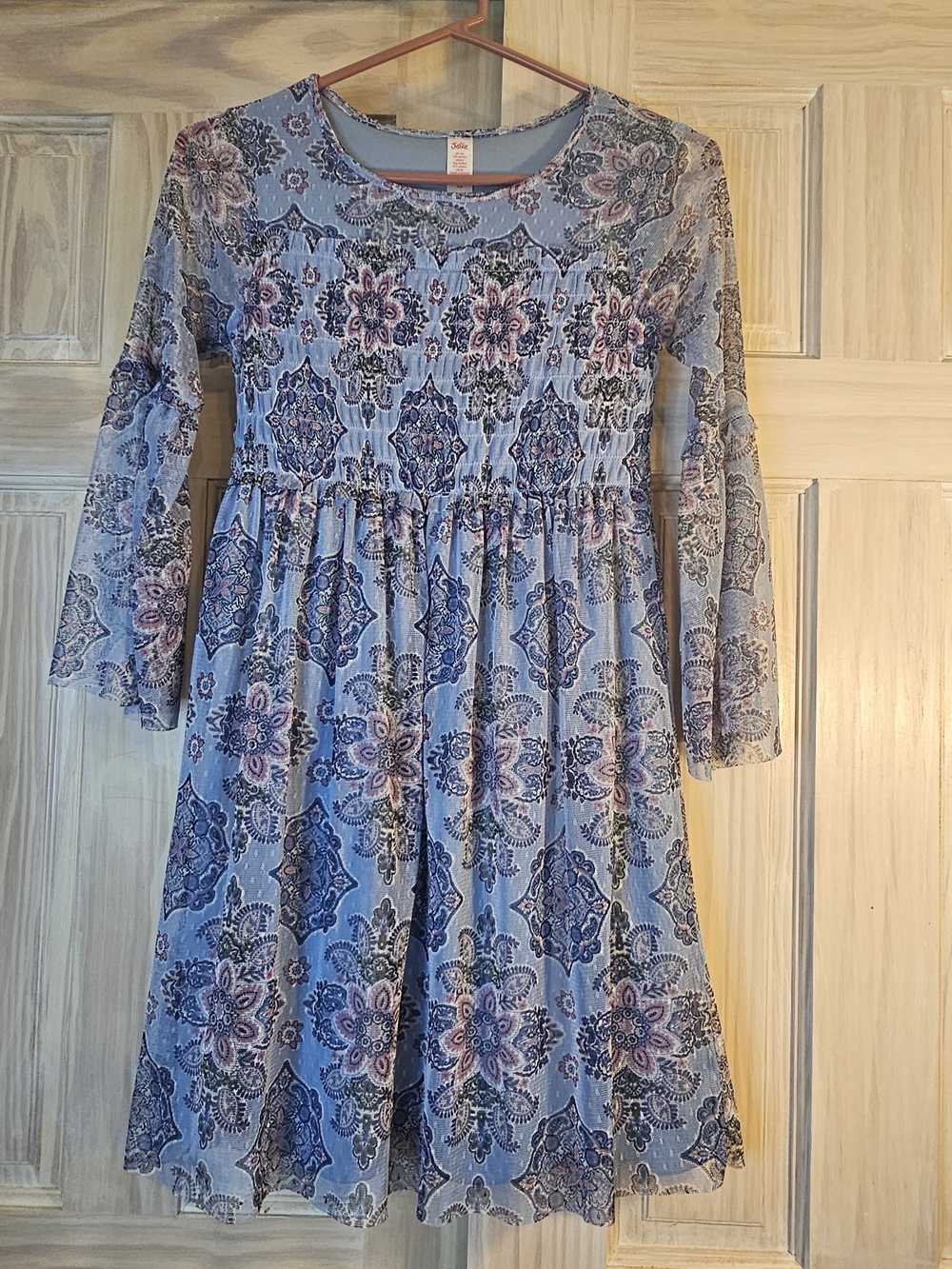 Justice Floral Smocked Long-Bell Sleeve Dress - Blue In Size 12